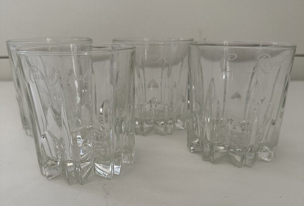 Set Of 4 Etched Crown Royal Advertising Low Ball Tumbler Glasses Made in Italy